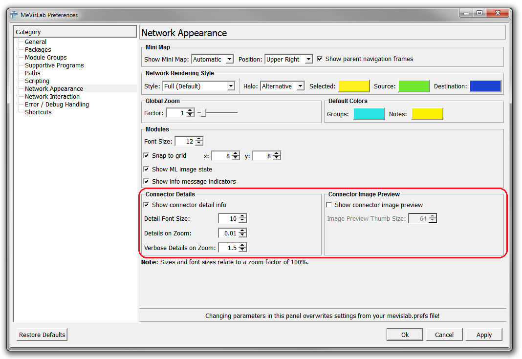 Connector Details in the Preferences