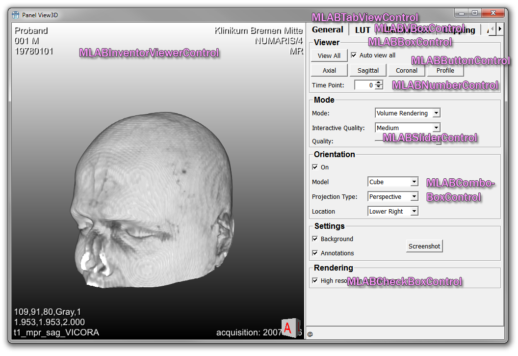 View3D Panel with C++ Class Names of Included MDL Controls for Scripting