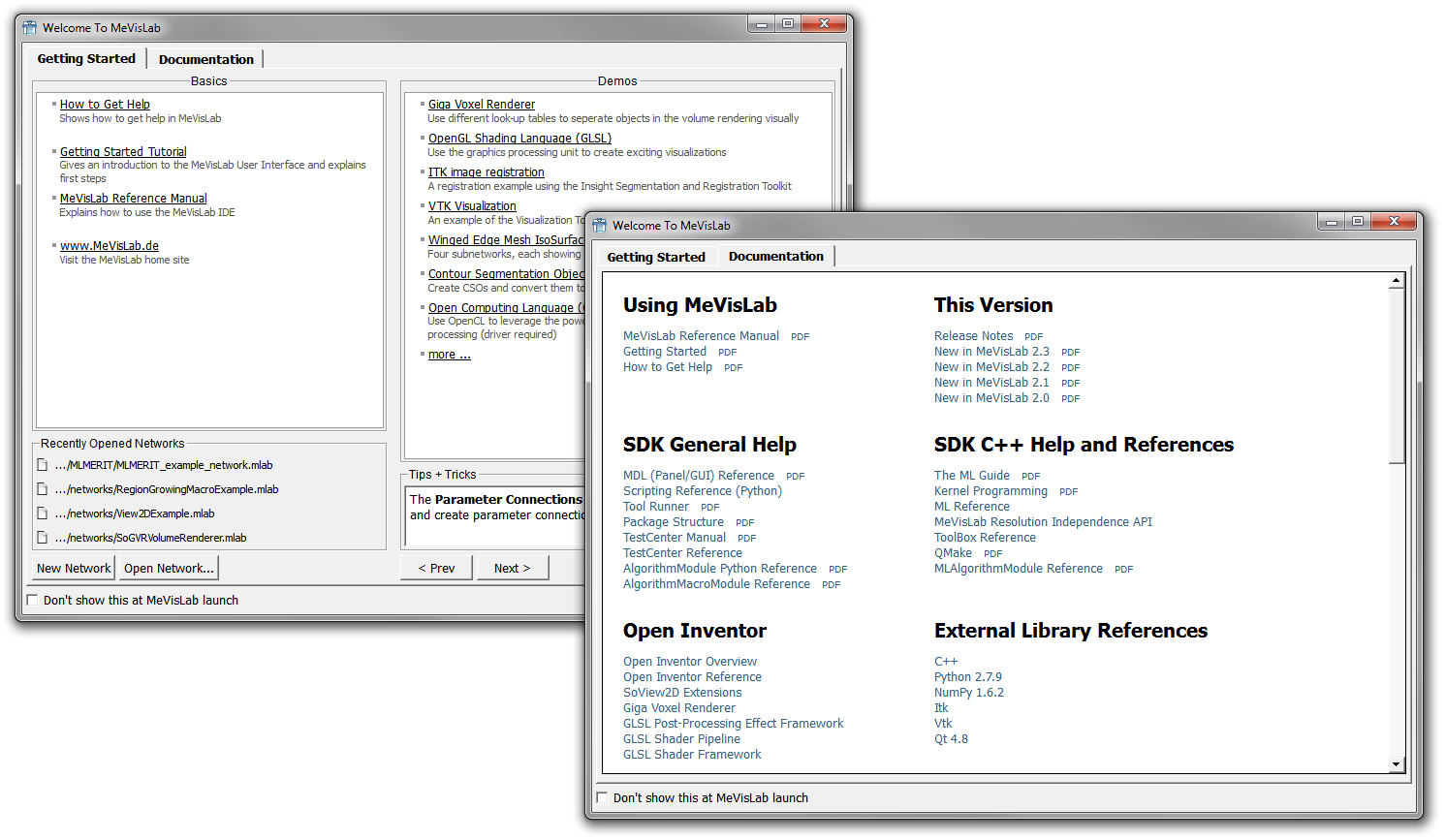 Welcome Screen and Documentation Links