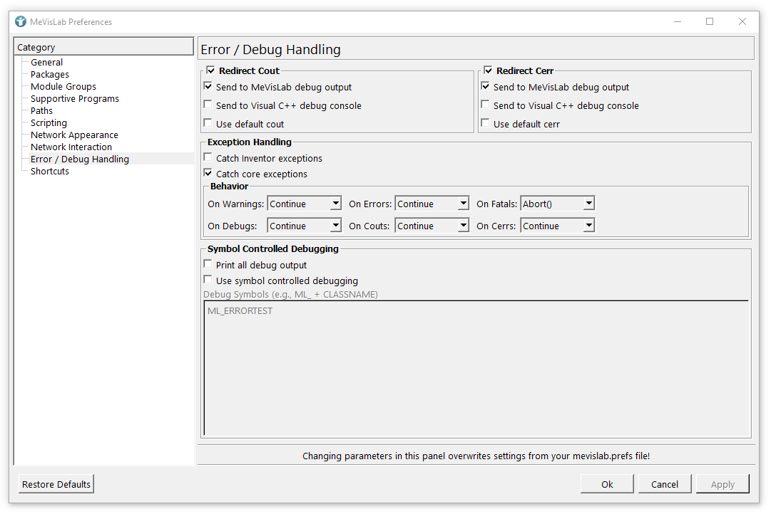 Preferences — Error / Debug Handling
