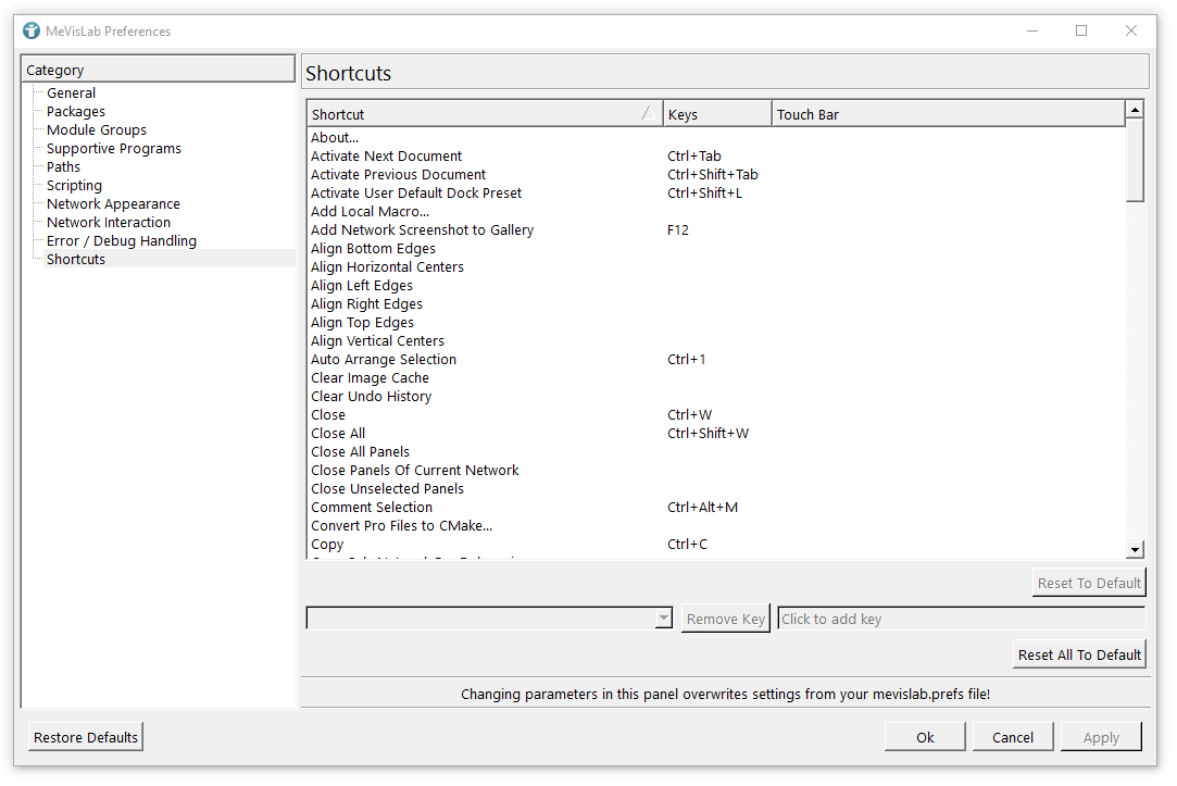 Preferences — Shortcuts