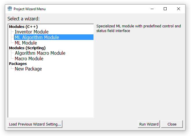 Project Wizard (with user packages available)