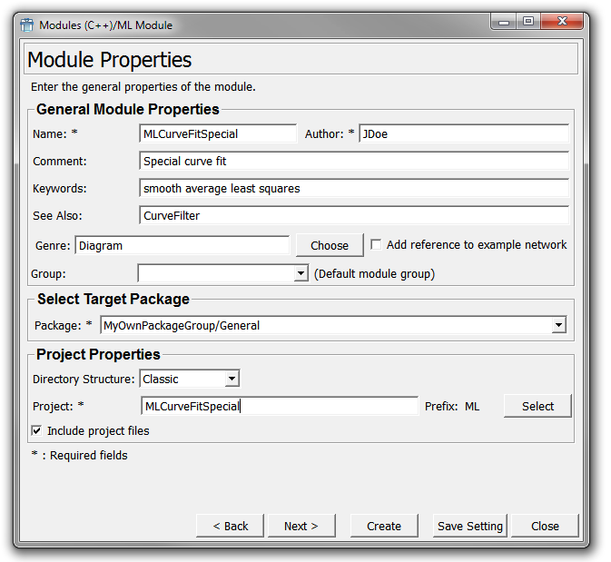 First C++ Module Wizard Dialog — ML Module Example
