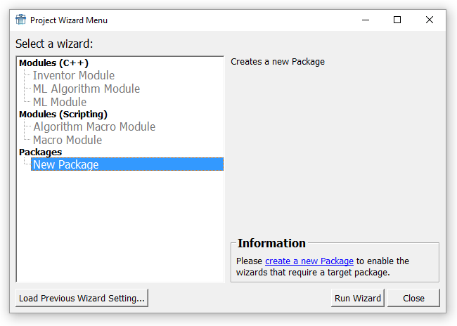 Project Wizard (no user packages available)