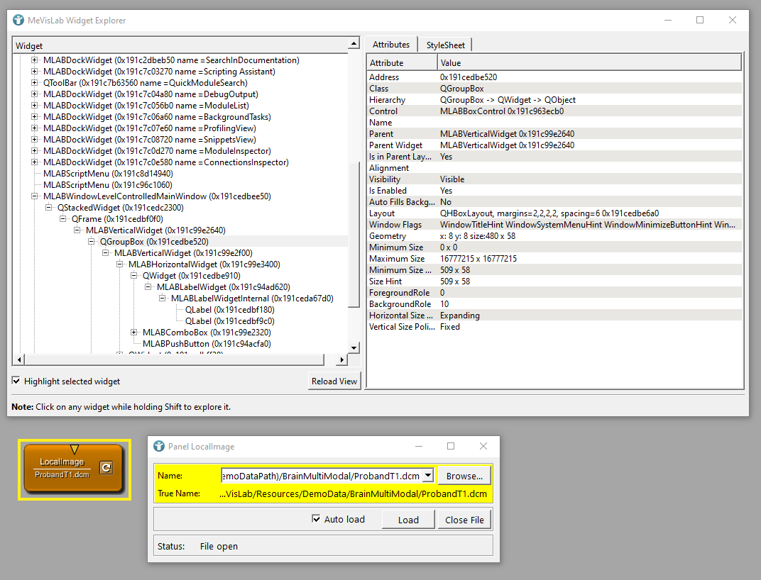 MeVisLab Widget Explorer - Attributes Inspector